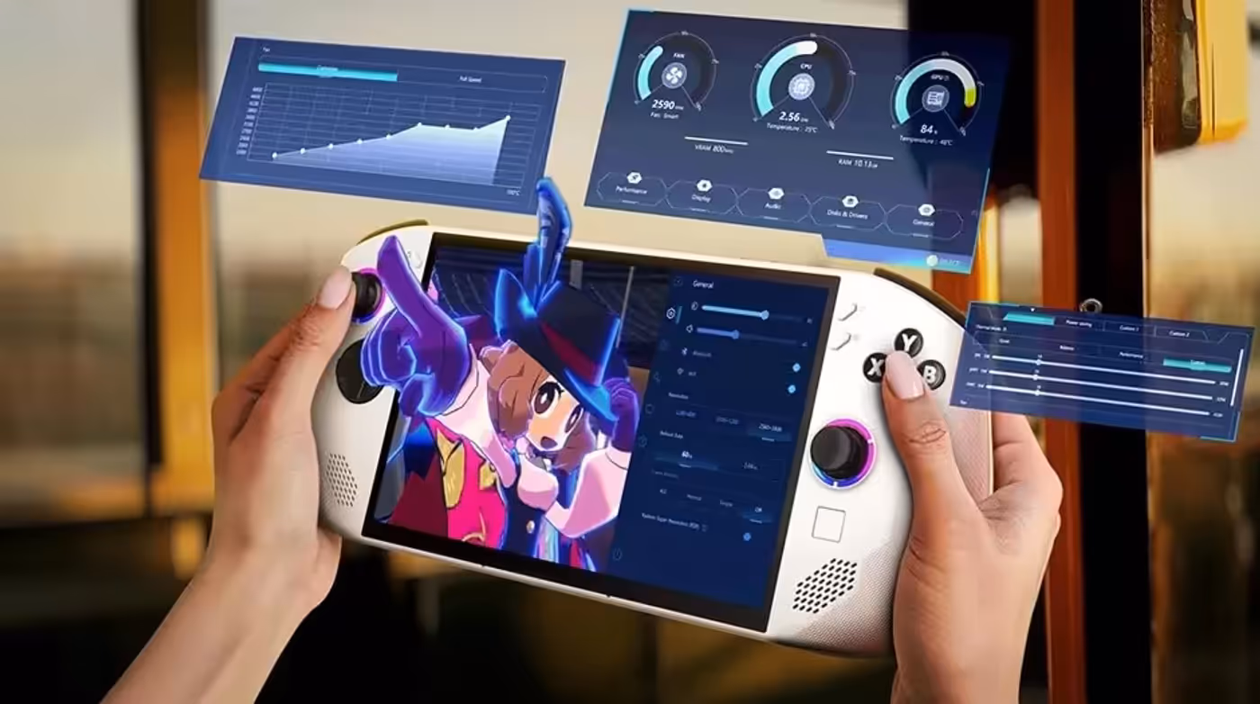 Lenovo Legion Go S Gen 1 (8") gaming handheld on a desk stand, surrounded by game library visuals and accessories.