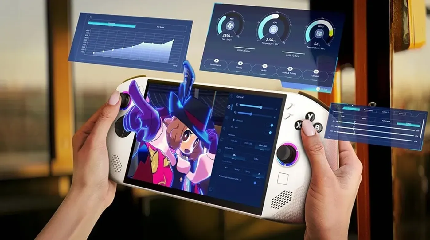 Lenovo Legion Go S Gen 1 (8") gaming handheld on a desk stand, surrounded by game library visuals and accessories.