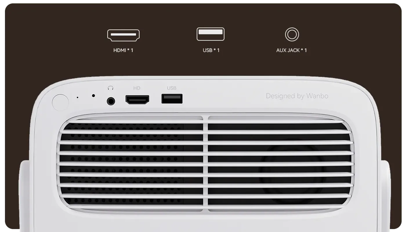 Multiple connectivity ports including USB, HDMI, and AUX jack
