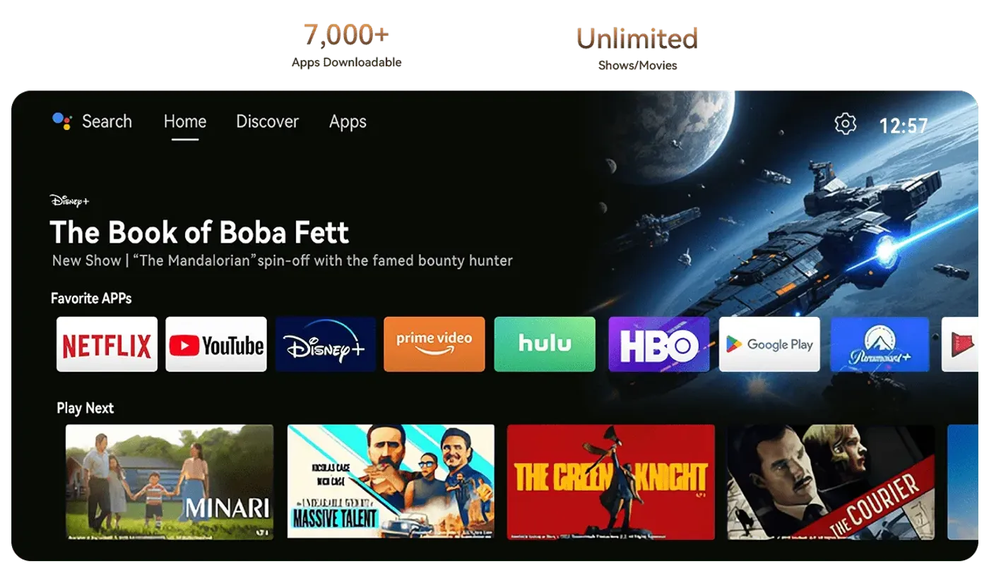 Smart projector displaying Android TV 11 interface with Netflix streaming capability