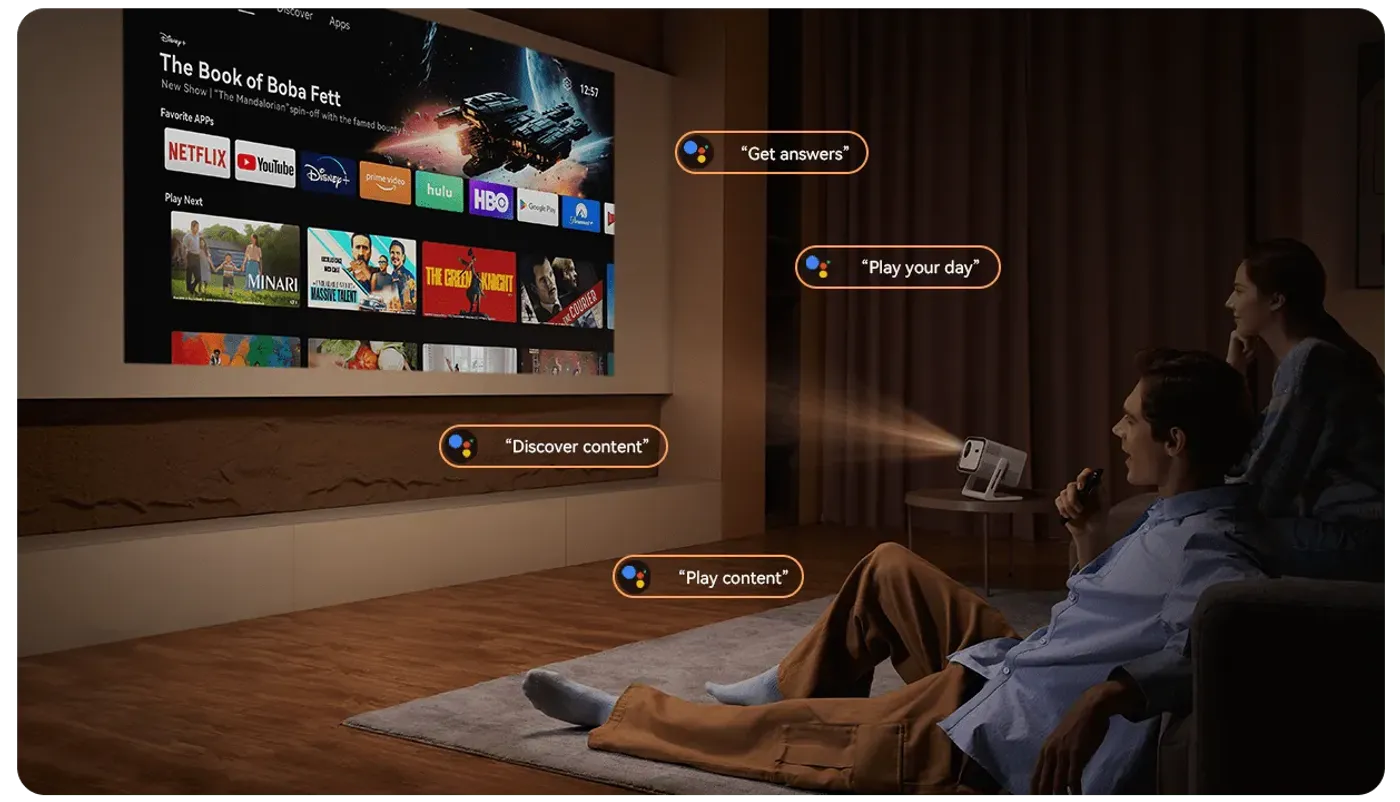 Google Assistant voice control integration for hands-free projector operation