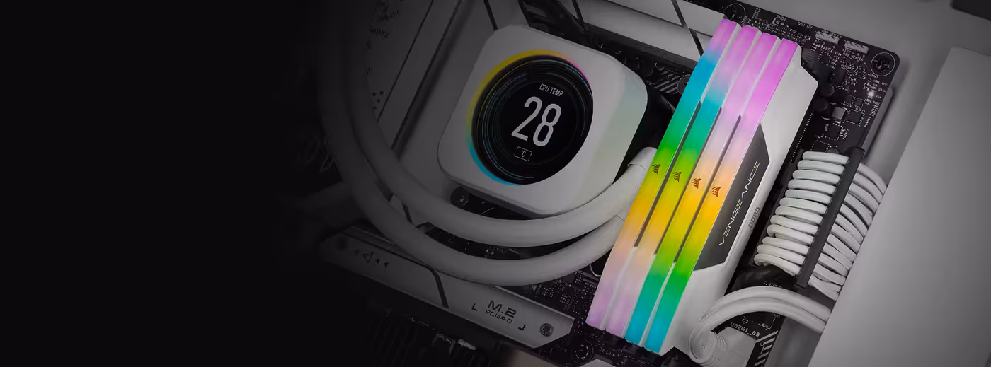 Close-up of Vengeance RGB DDR5 module showing voltage regulation hardware
