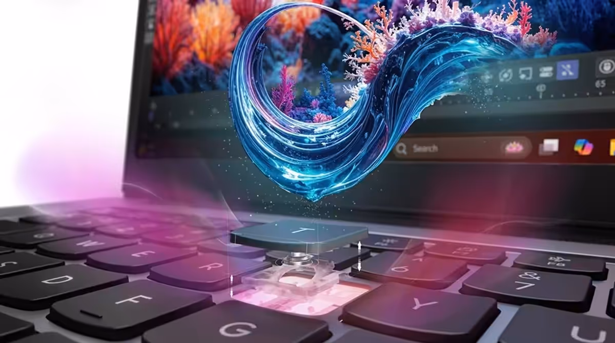 Closeup breakout view of the keyboard on the Lenovo Yoga Pro 7i Gen 11 Aura Edition (15” Intel).