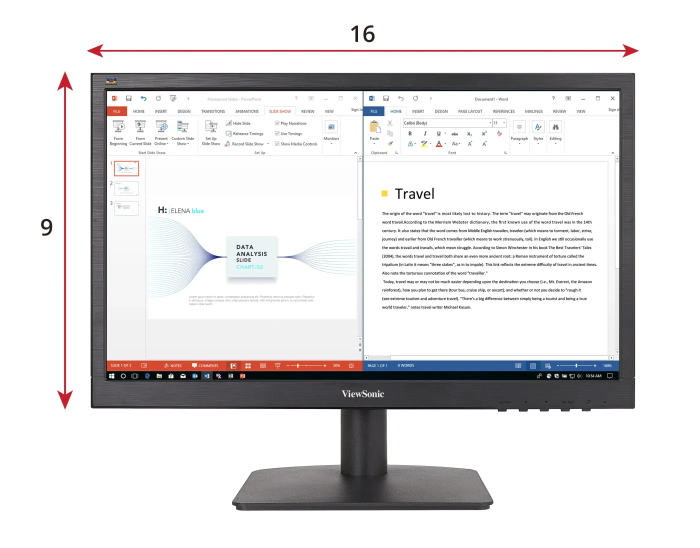 ViewSonic VA1903H-2 widescreen 16:9 display with two documents open side by side
