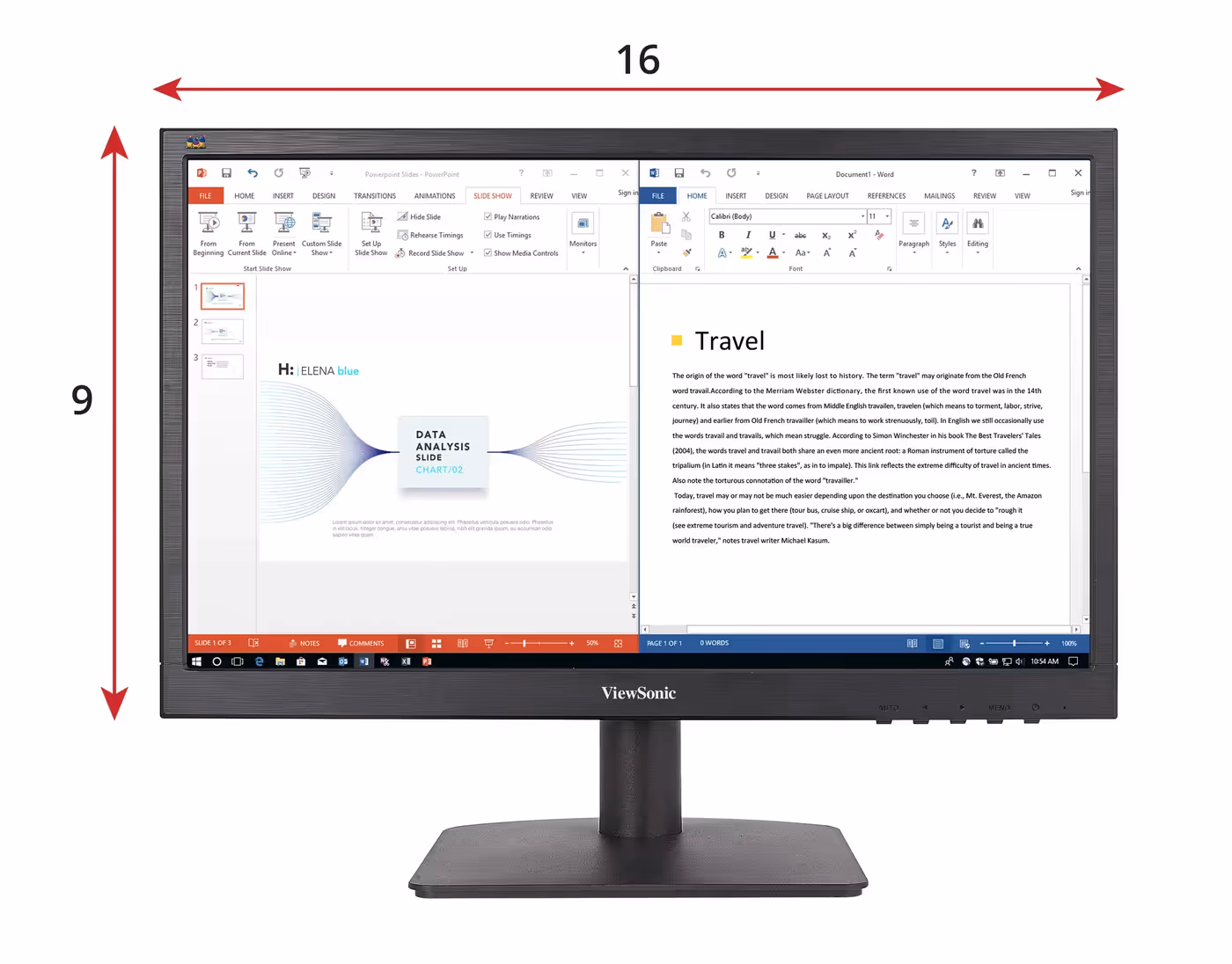 ViewSonic VA1903H-2 widescreen 16:9 display with two documents open side by side