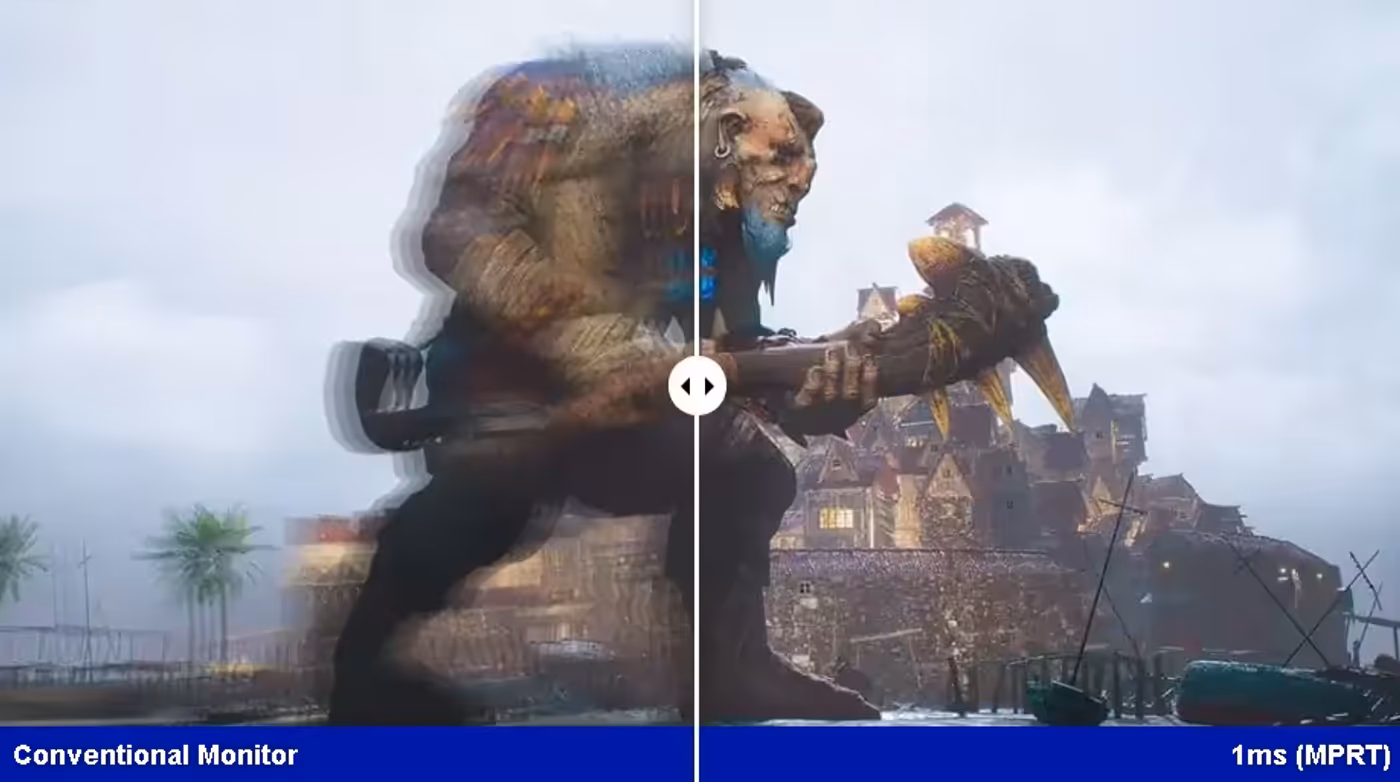 Visual comparison showing 1ms MPRT ghost-free clarity versus conventional displays
