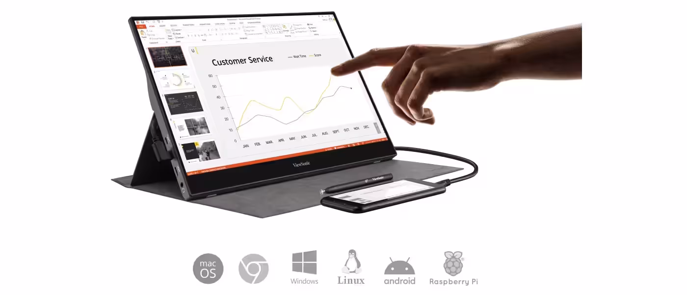 ViewSonic touchscreen monitor showing 10-point touch control and magnetic pen usage
