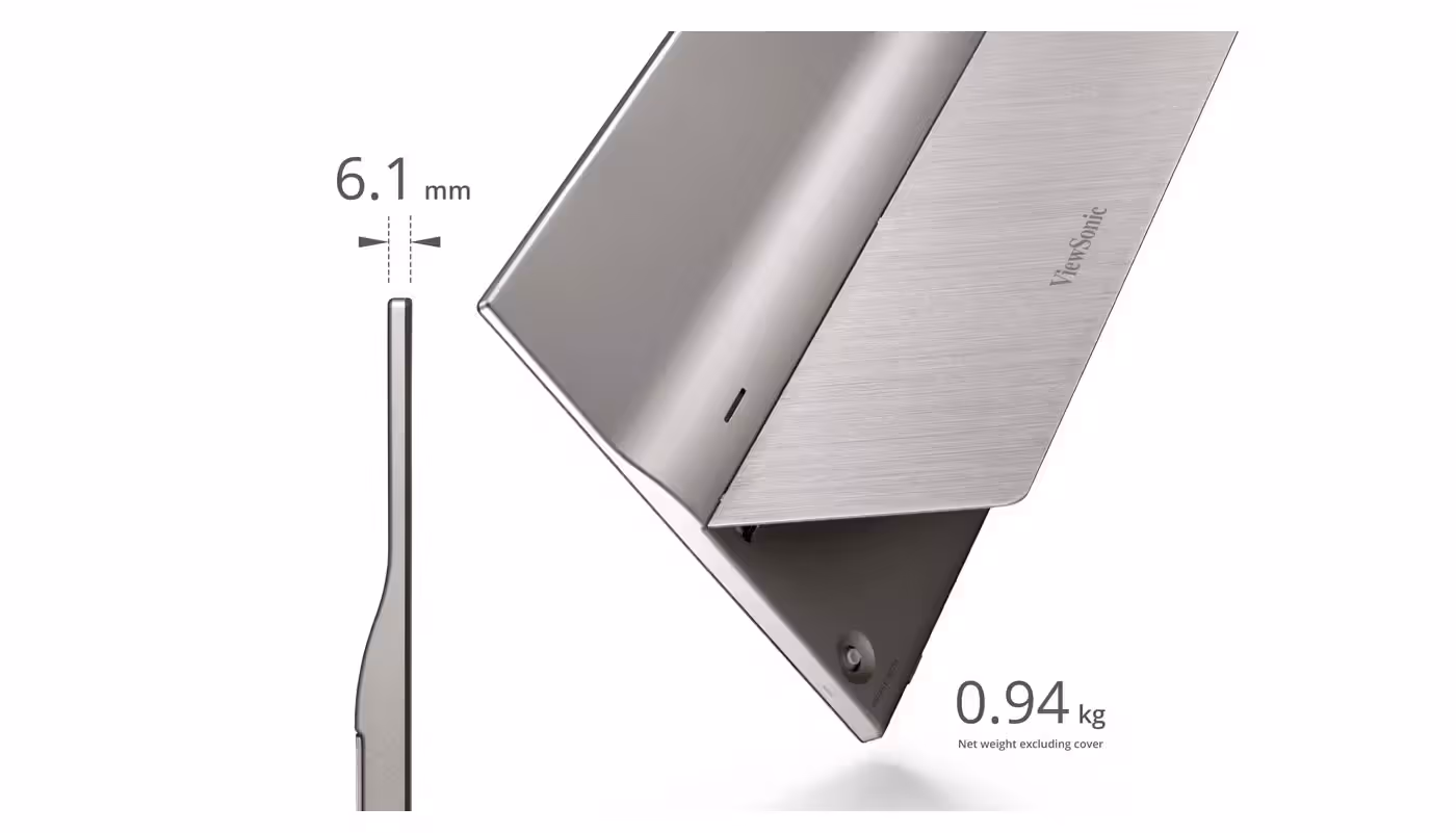 ViewSonic portable monitor highlighting its 16-inch display, 1 kg weight, and 1 cm thickness