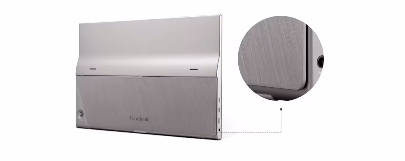 ViewSonic portable monitor showcasing its metal case and sturdy aluminum stand construction