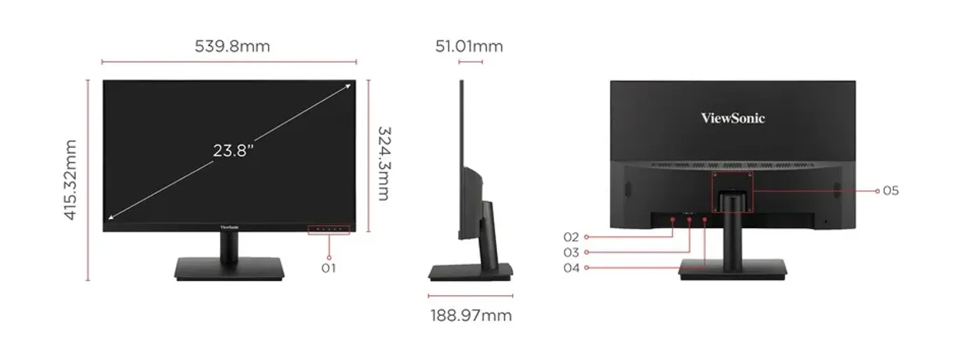 Rear of the ViewSonic VA240A-H showing its 75mm x 75mm VESA mounting holes