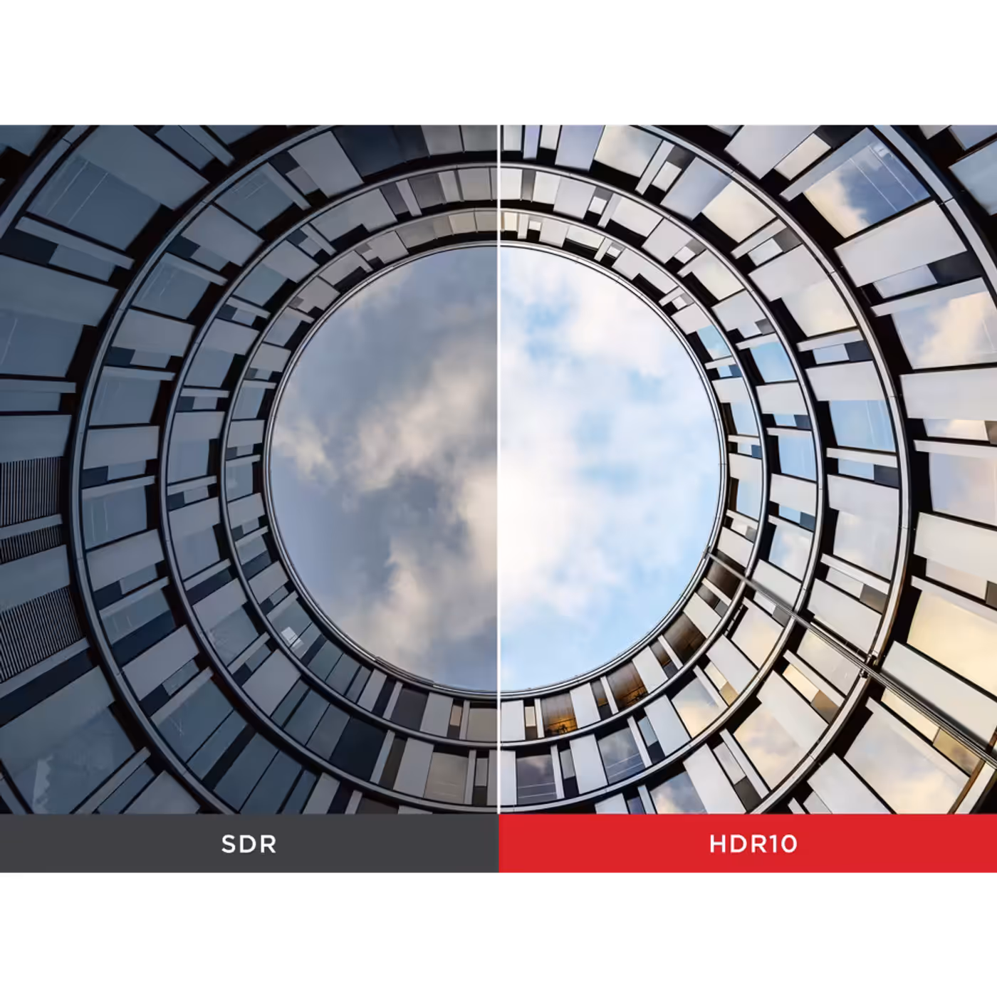 ViewSonic split image comparing SDR and HDR10 on a circular building view
