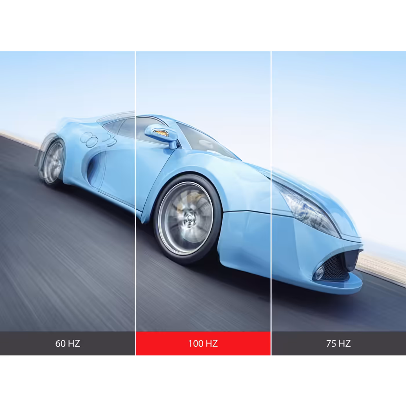 ViewSonic comparison of a moving car at 60Hz, 75Hz and 100Hz