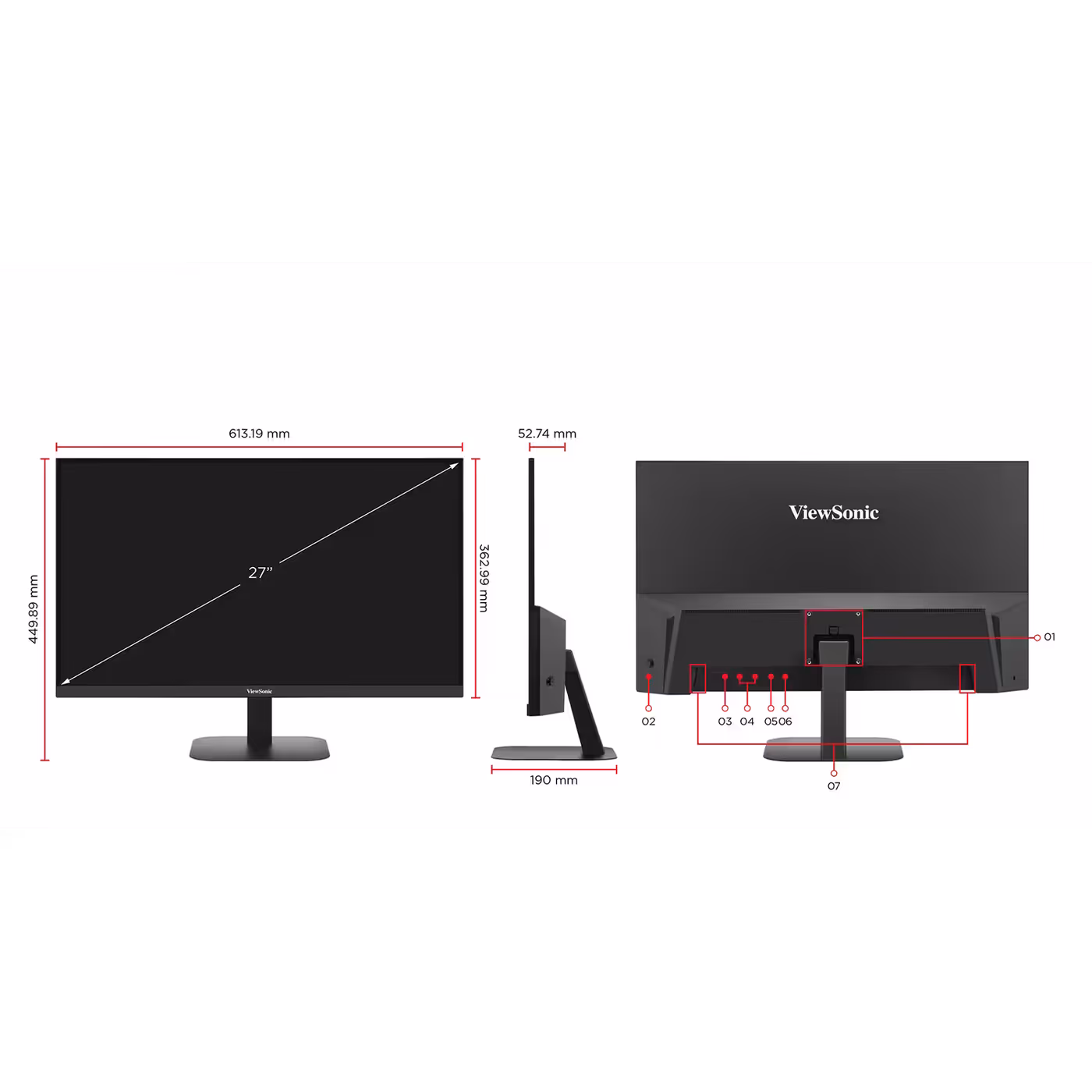 ViewSonic VA2708-2K-MHD dimension drawing with front, side and rear views