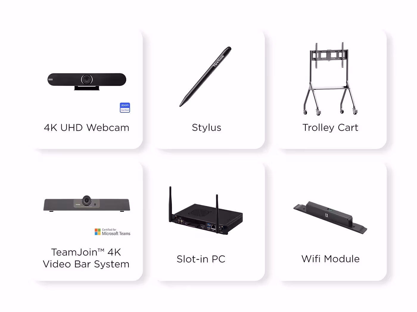 Display of compatible classroom accessories including webcams and PCs for hybrid learning