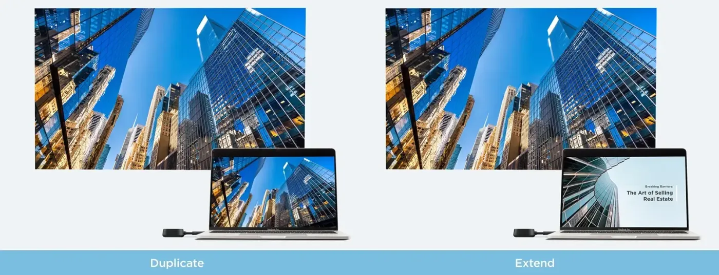 Visual comparison showing duplicate and extend display modes for screen casting