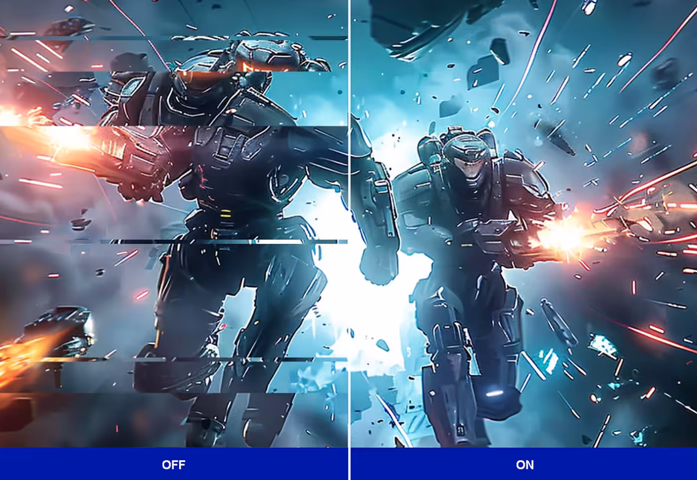 Gaming display showing screen tearing reduction with NVIDIA G-Sync enabled