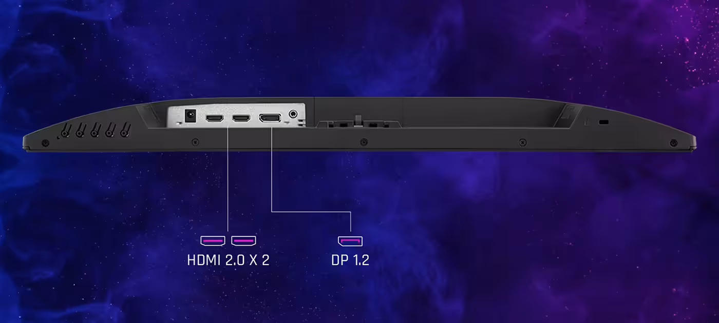 Display connectivity ports showing dual HDMI 2.0 and DisplayPort 1.2 inputs