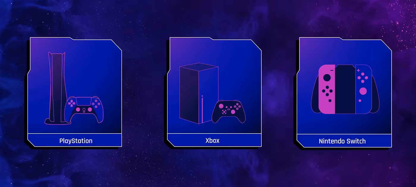 Compatible gaming console icons including Xbox, PlayStation, and Nintendo Switch