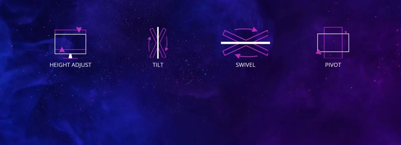 Ergonomic adjustment icons for height, tilt, swivel, and pivot settings