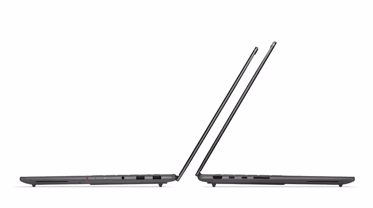 Right and left profile views of two back-to-back models of the Lenovo Yoga Pro 7i Gen 11 Aura Edition (15” Intel).
