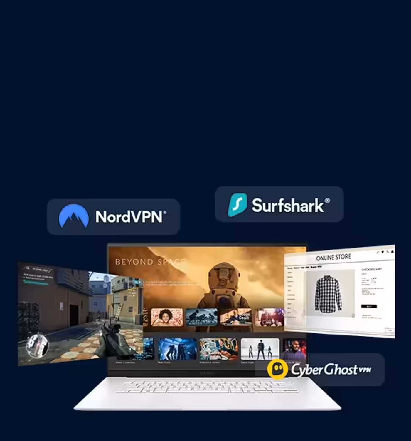 Laptop screen displaying online activities with VPN provider logos