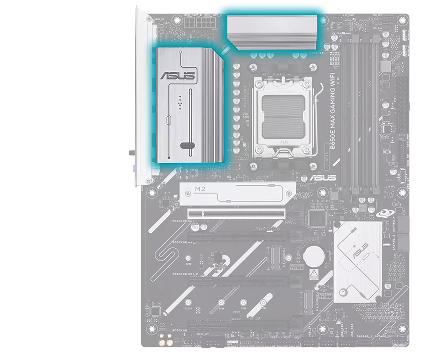 ASUS B650E motherboard VRM heatsink and thermal pad assembly