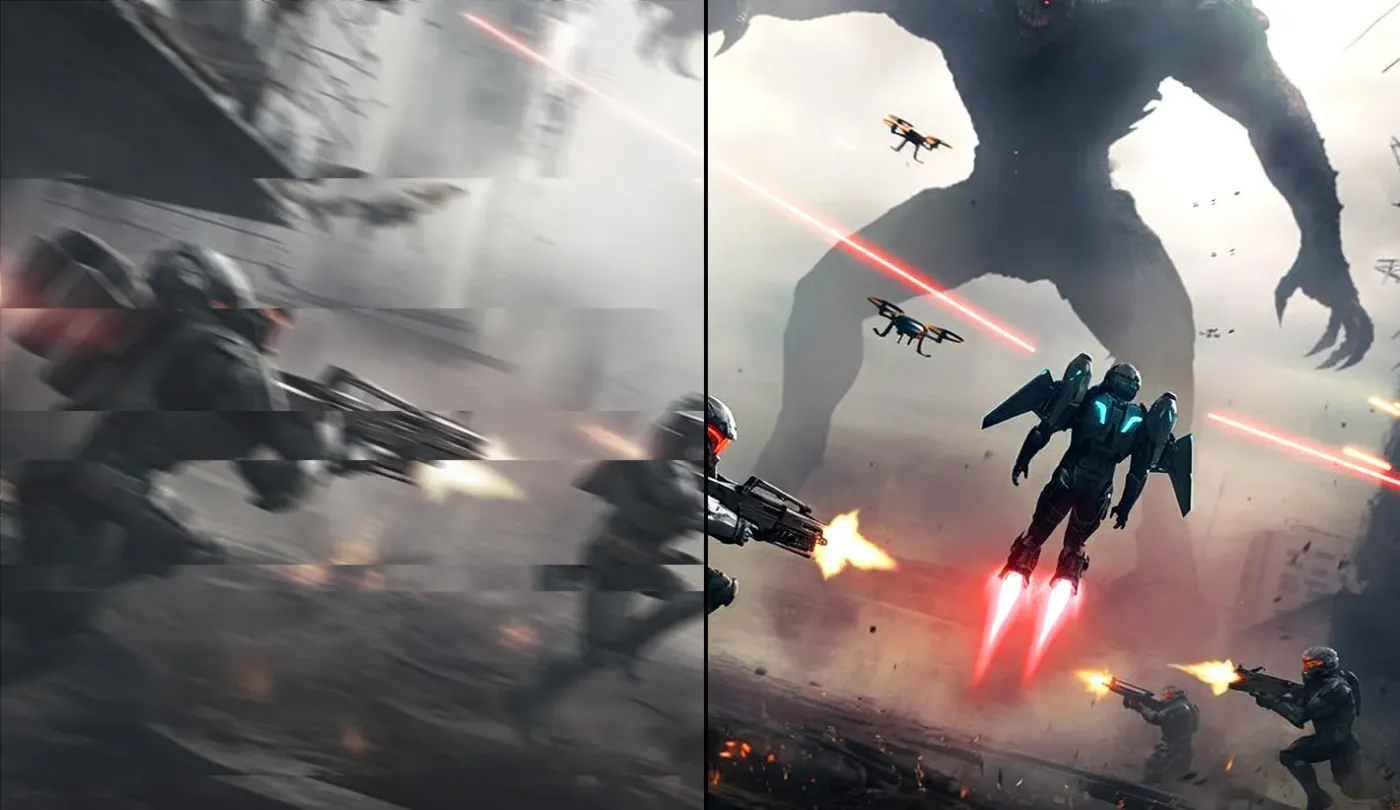 Soldier shooting monster with VRR off showing blur on left, tear-free on right.
