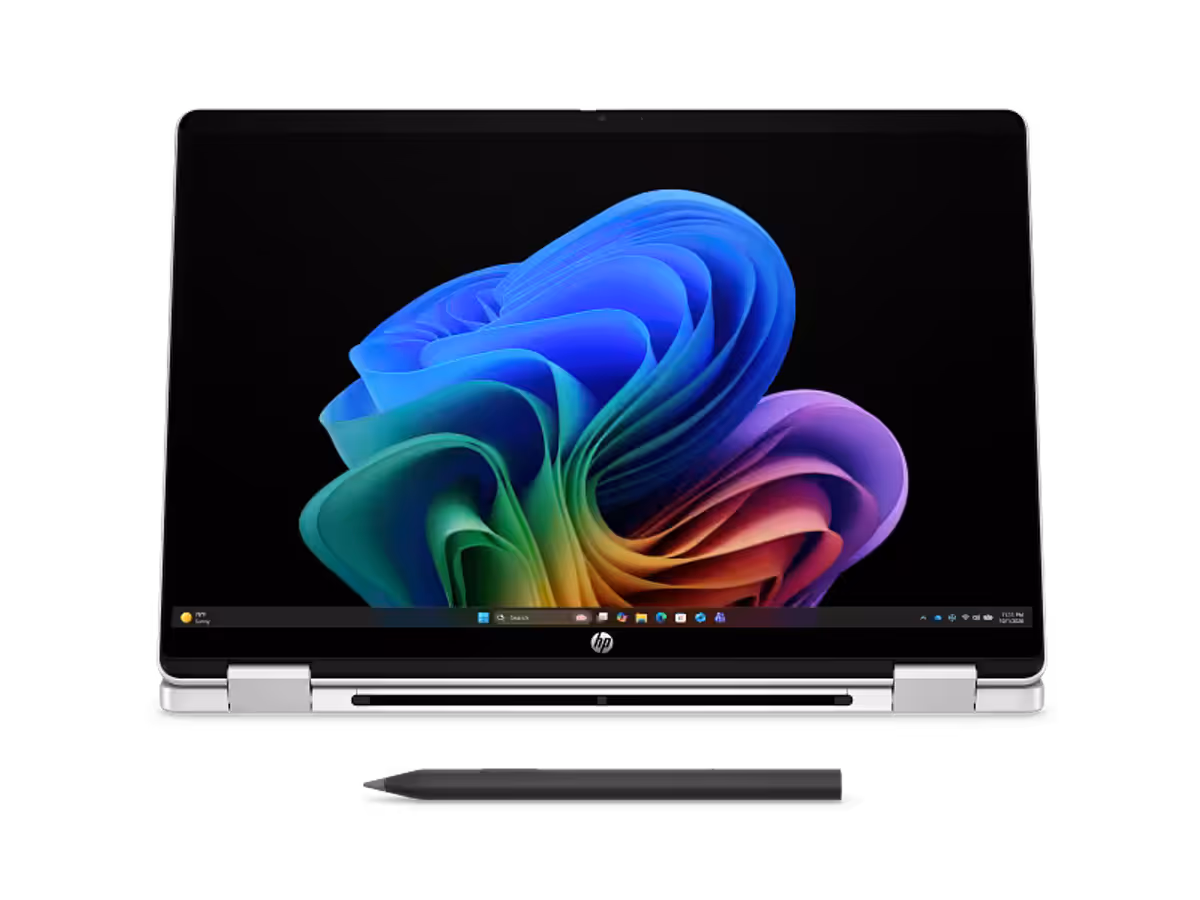 HP OmniBook 5 Flip 14 inch 2-in-1 laptop shown in glacier silver center-facing view