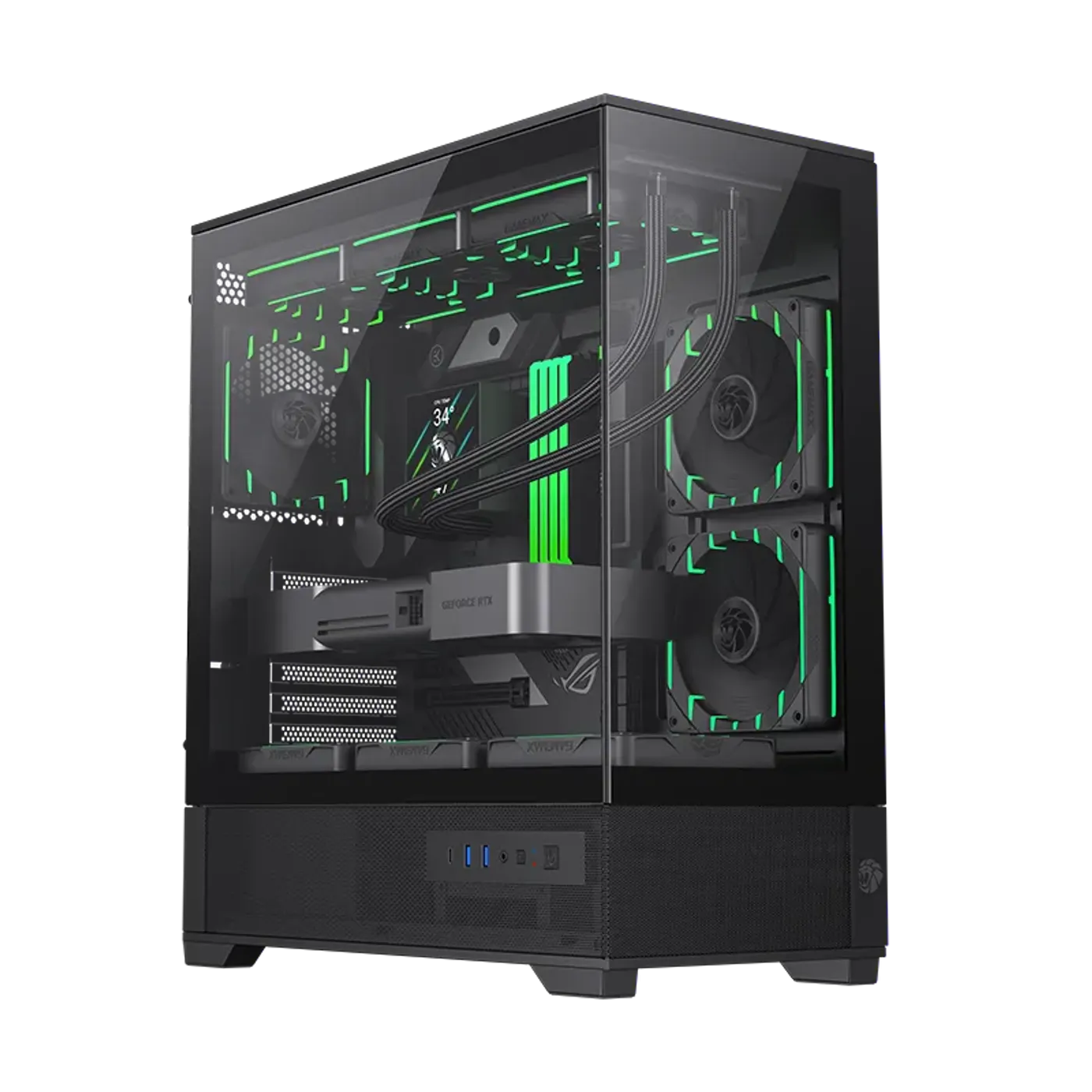 ATX gaming case with 270 degree panoramic tempered glass panels for interior viewing