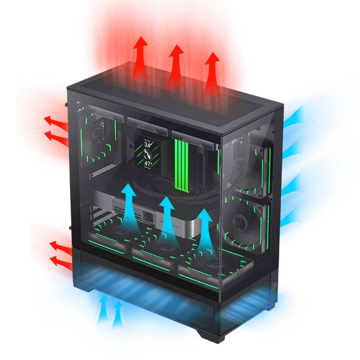 Internal cooling airflow diagram showing air and liquid cooling support