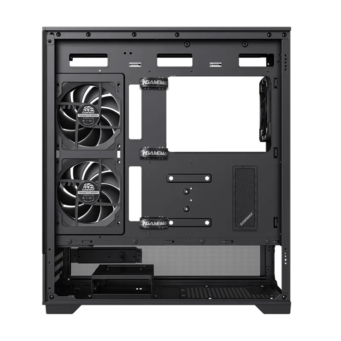 Rear view of the case showing hook-and-loop straps for cable management