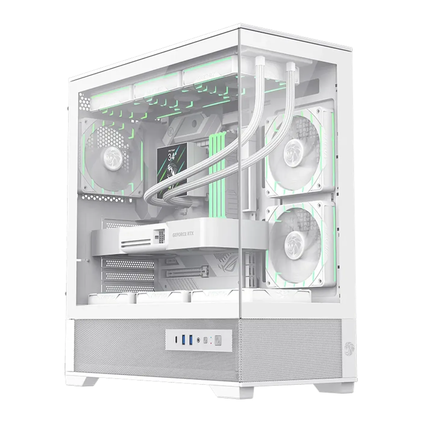 ATX gaming case featuring 270 degree panoramic tempered glass panels for interior visibility