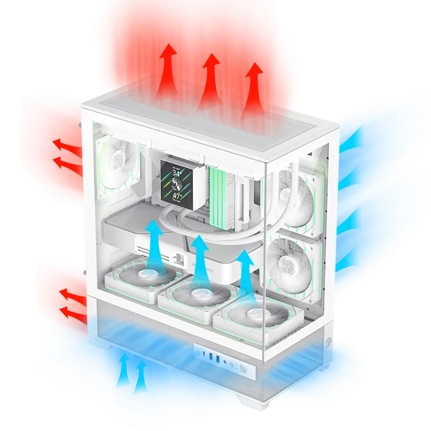 Internal cooling architecture showing separated power supply compartment and airflow paths