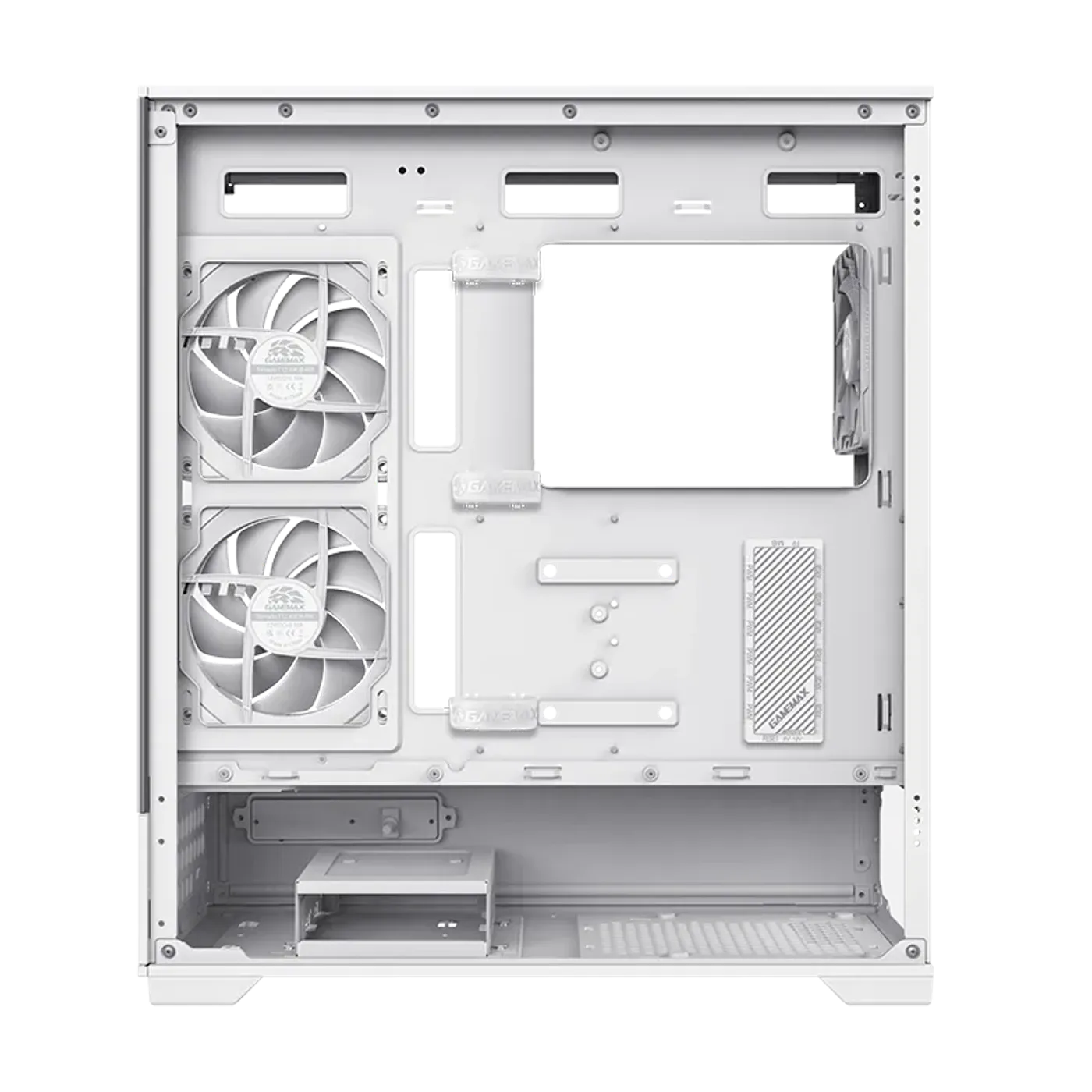 Rear view of case showing cable management space and hook-and-loop straps