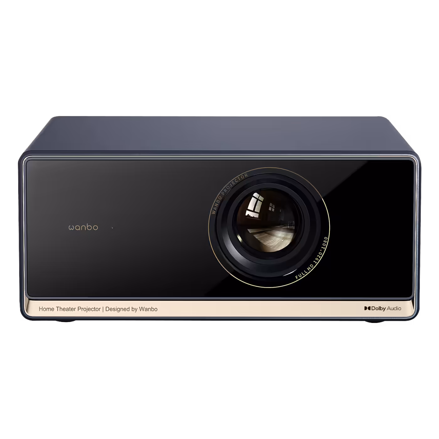 Front view of the Wanbo X5S projector in black and gold