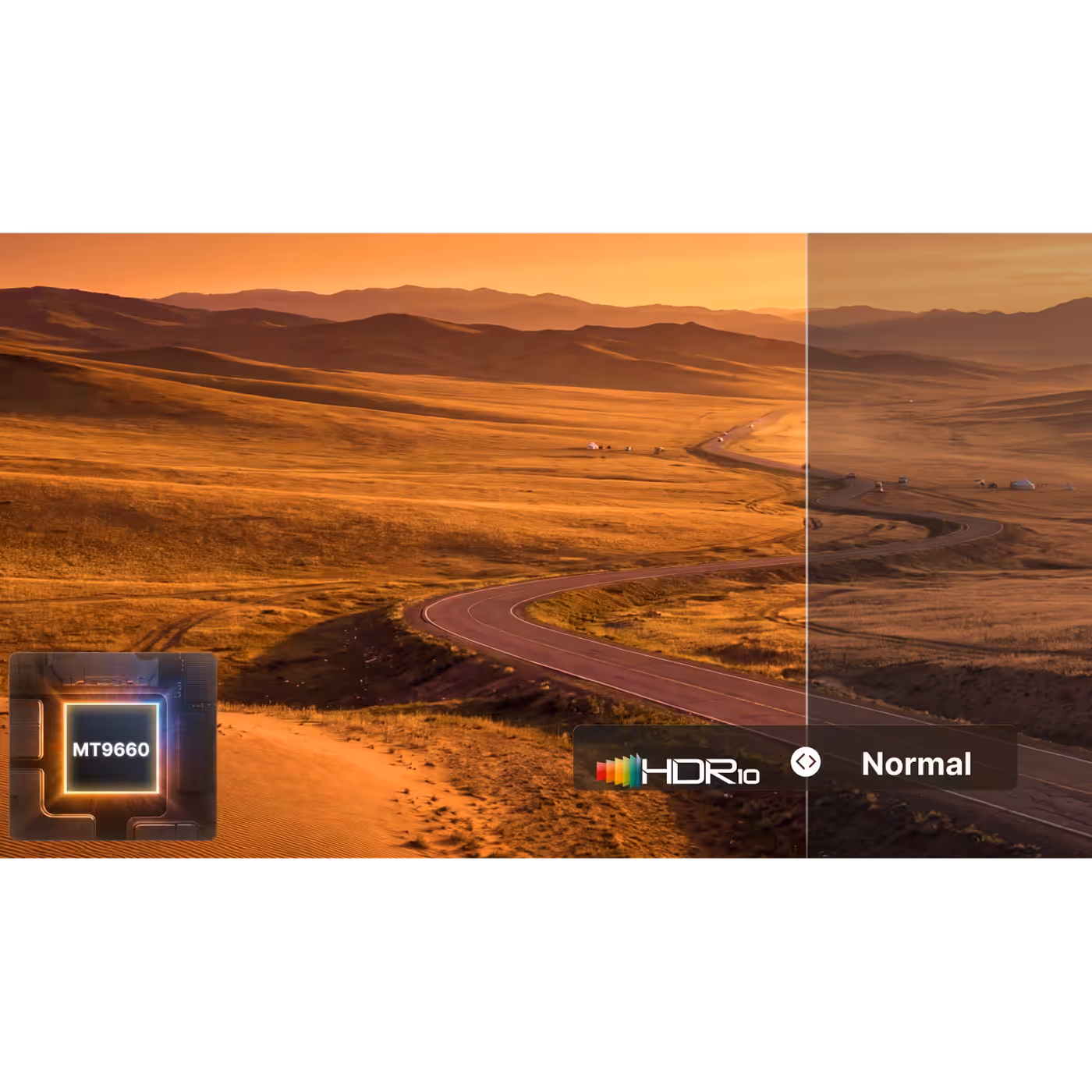 Wanbo split image of a desert road comparing HDR10 with a normal picture, with the MT9660 chip