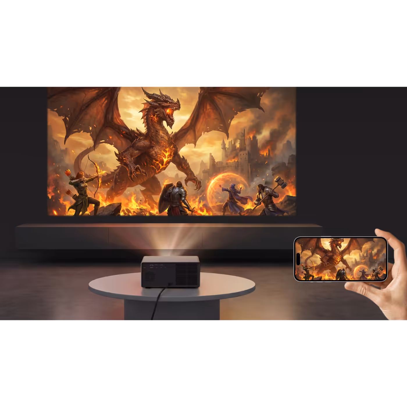Phone streaming a dragon scene to the Wanbo X5S with Apple AirPlay