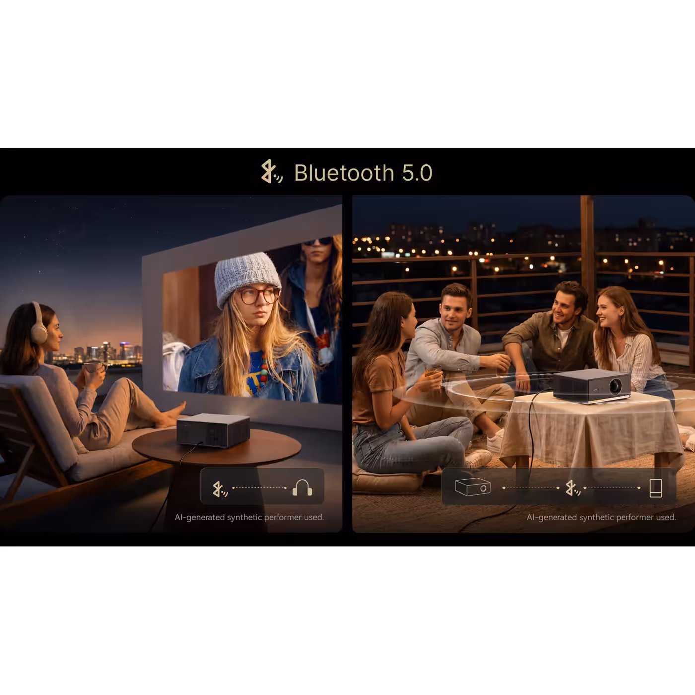 Two scenes: a woman watching with Bluetooth headphones, and friends listening to music from the Wanbo X5S