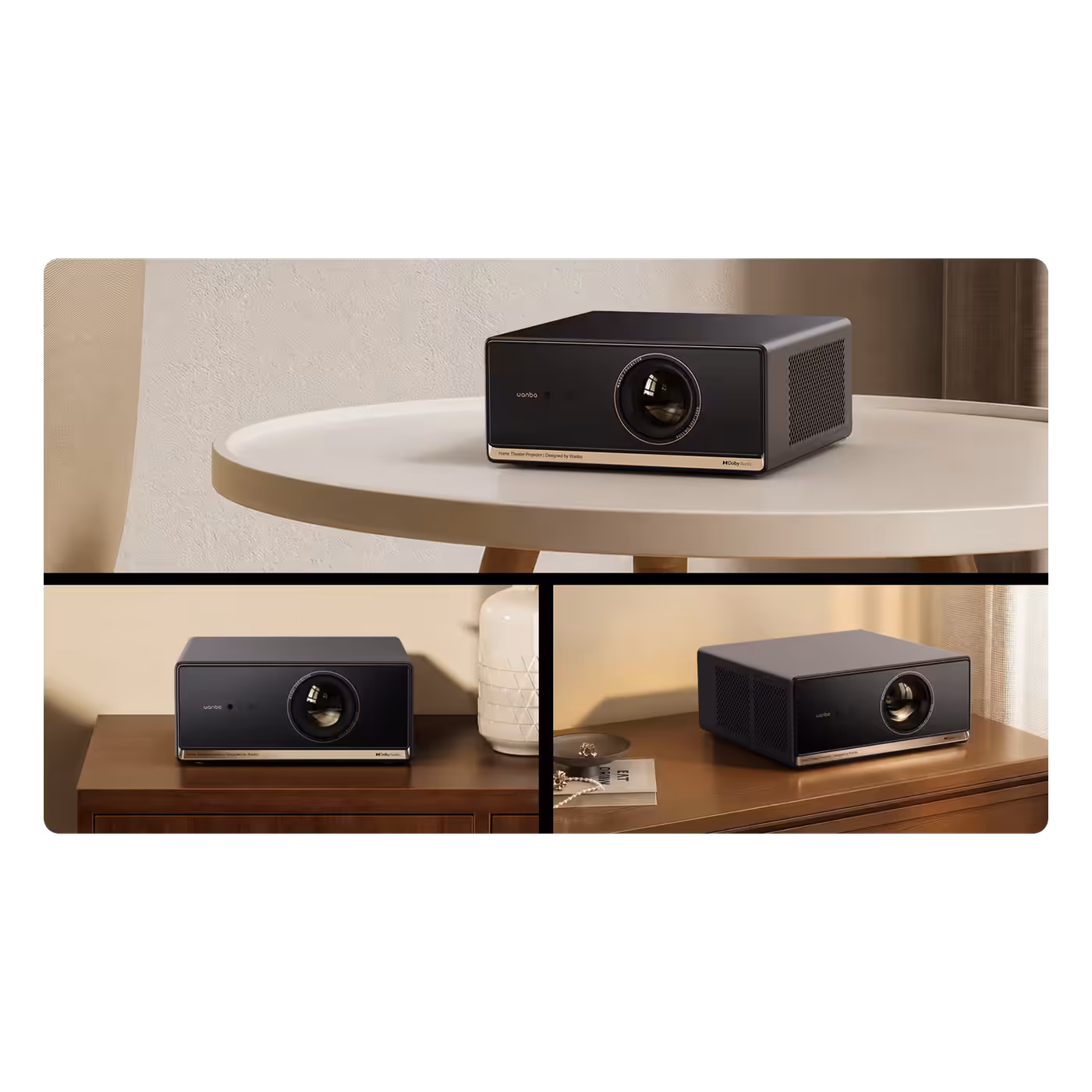 Wanbo X5S in black and gold on a round table and a shelf