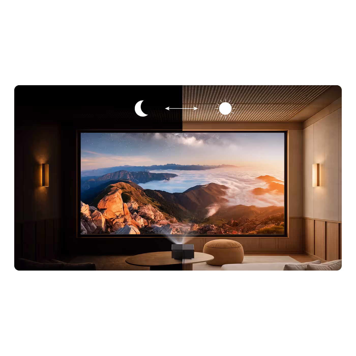 Wanbo X7 Pro Max projecting a mountain scene onto a large screen in a home cinema room
