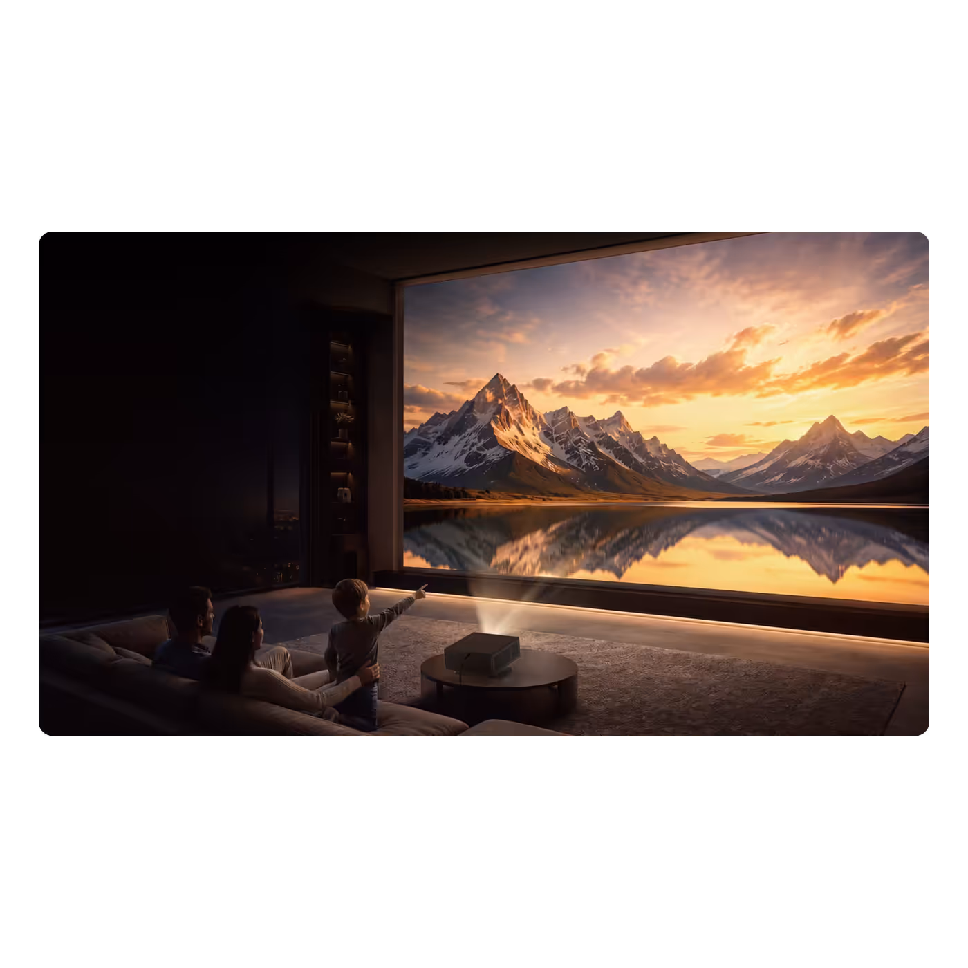 Family watching a mountain sunset projected by the Wanbo X7 Pro Max