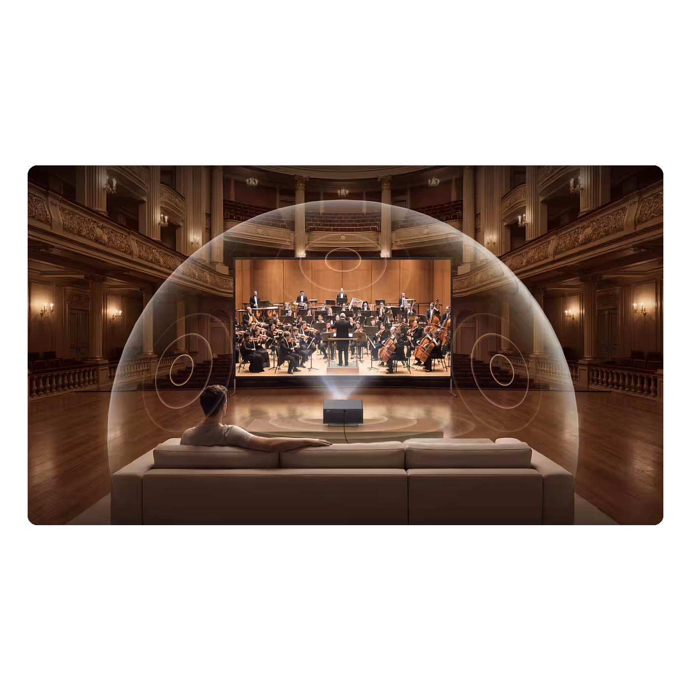Man on a couch watching an orchestra, surrounded by a dome of sound from the Wanbo X7 Pro Max