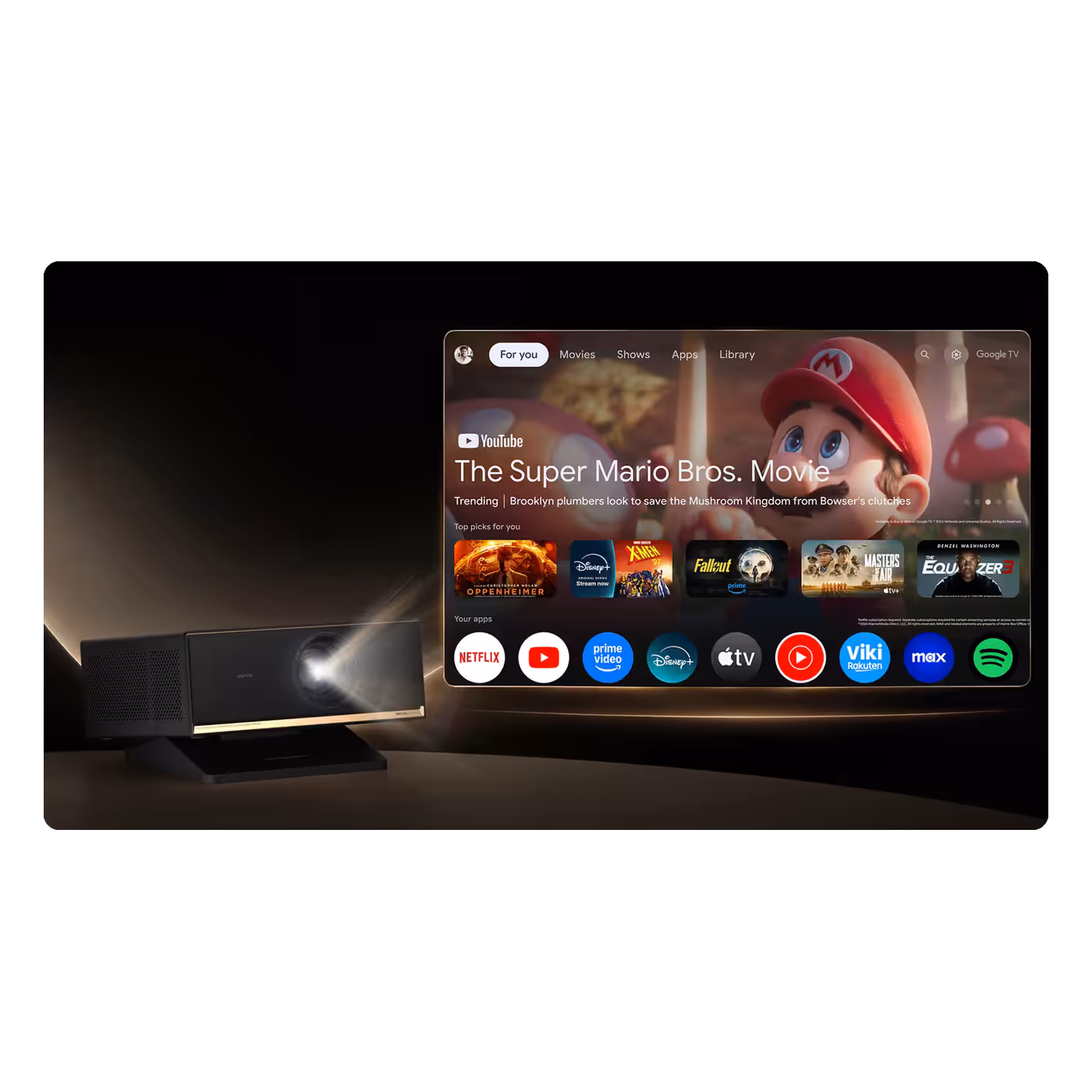 Google TV home screen projected by the Wanbo X7 Pro Max