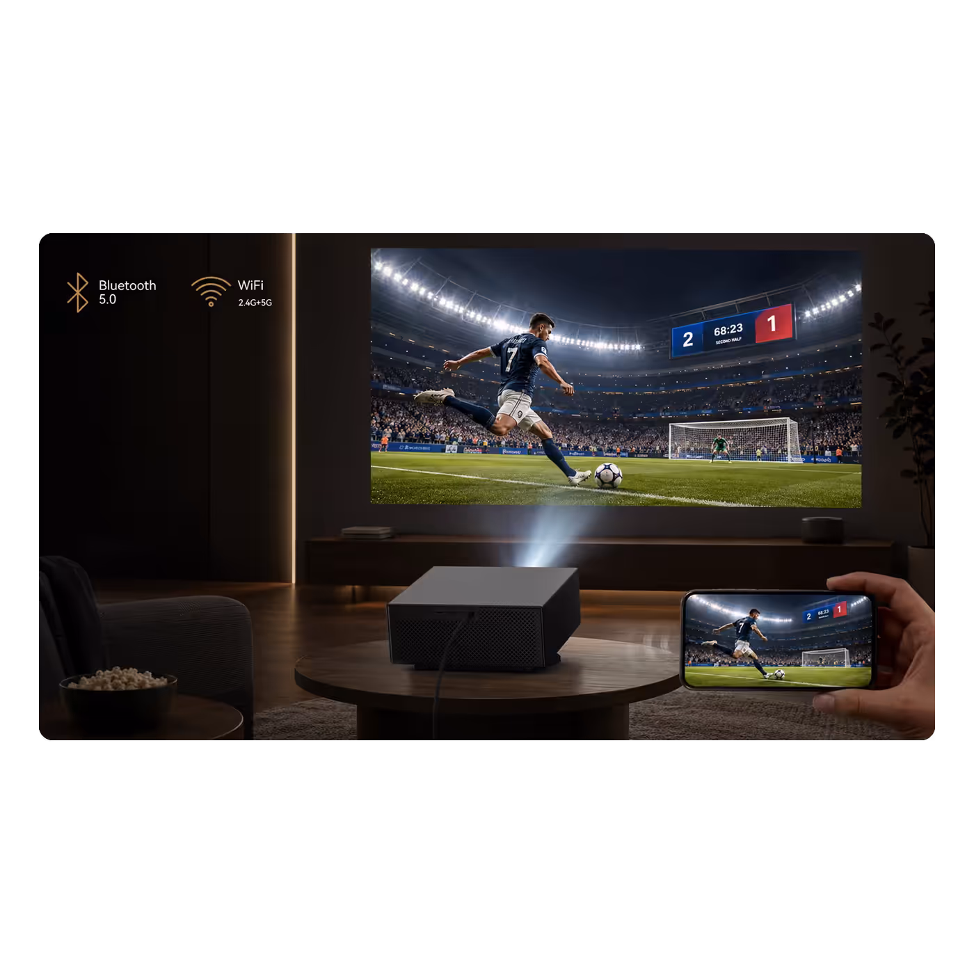 Phone casting a football match to the Wanbo X7 Pro Max, with Bluetooth 5.0 and dual-band WiFi icons