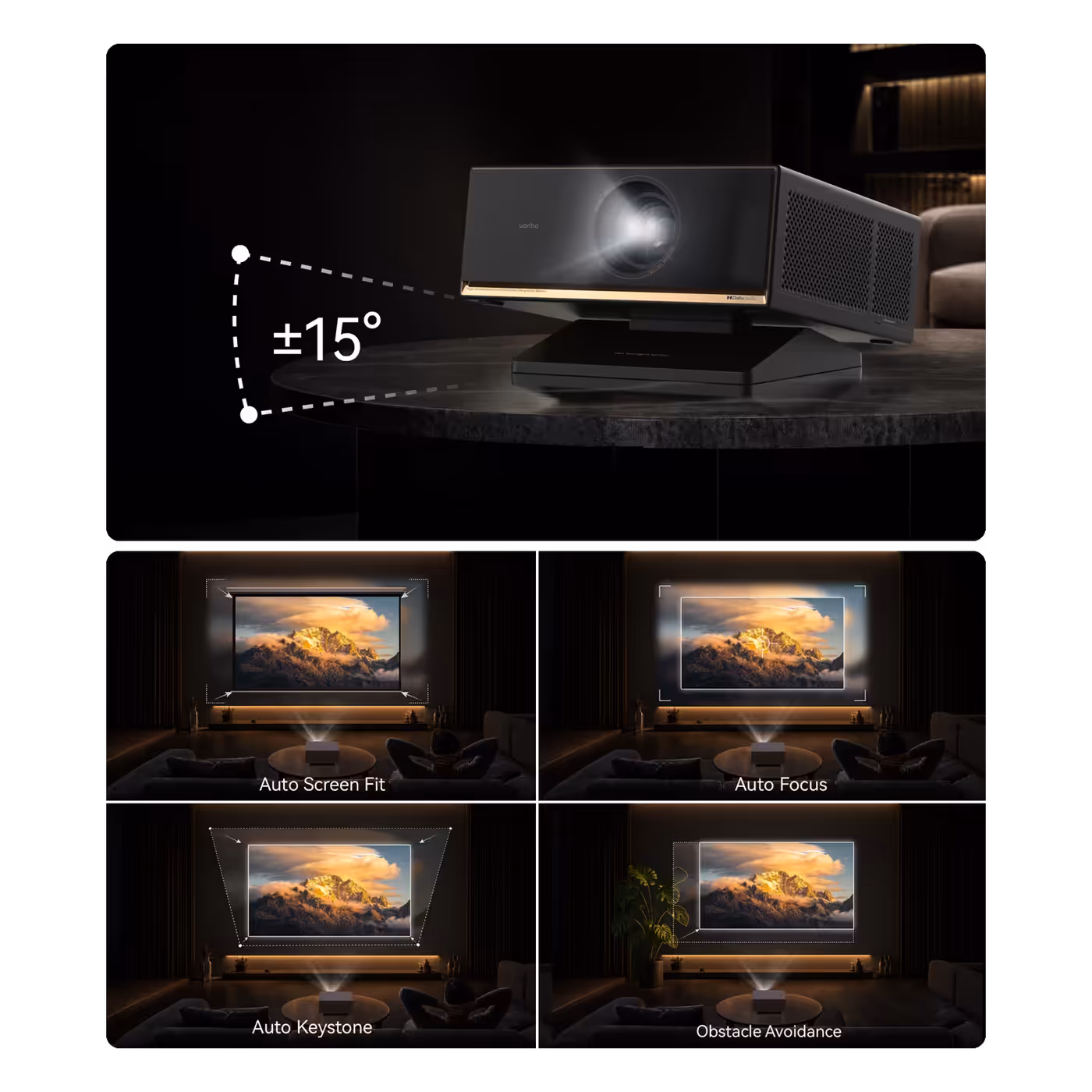 Wanbo X7 Pro Max tilt stand at plus or minus 15 degrees, with auto screen fit, focus, keystone and obstacle avoidance