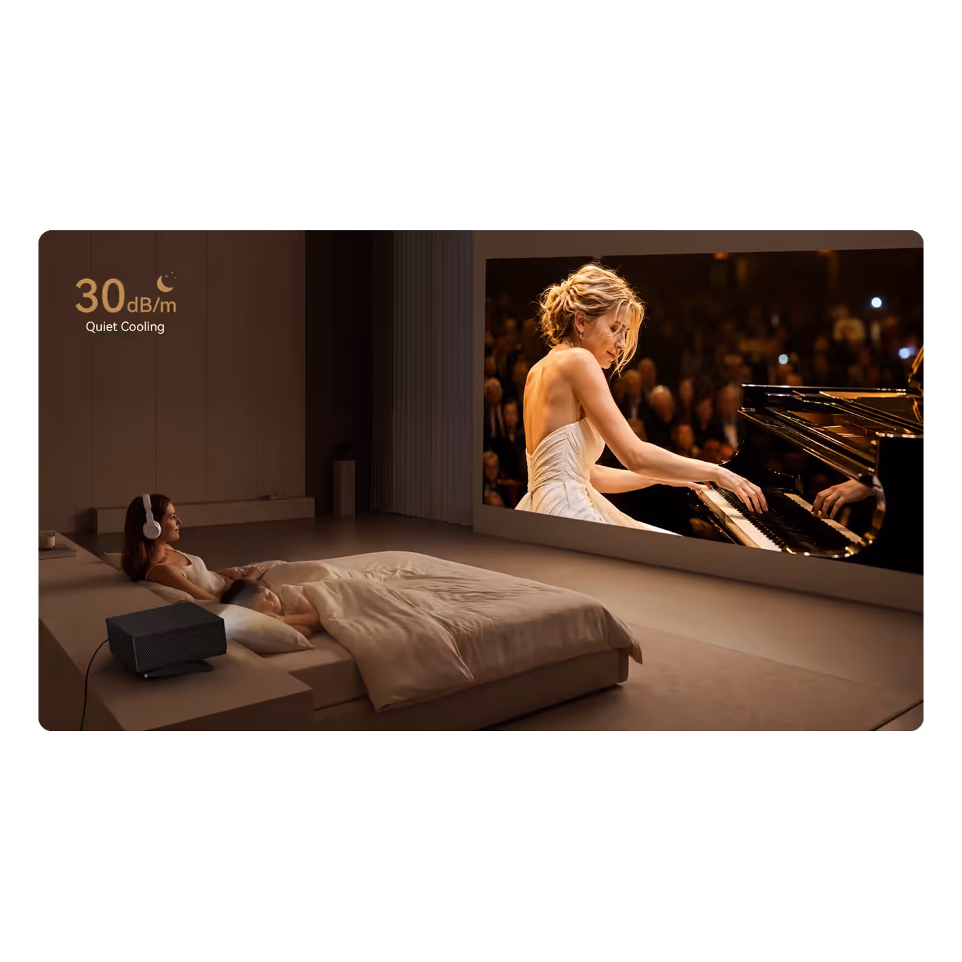 Wanbo X7 Pro Max running quietly in a bedroom with the 30dB/m rating