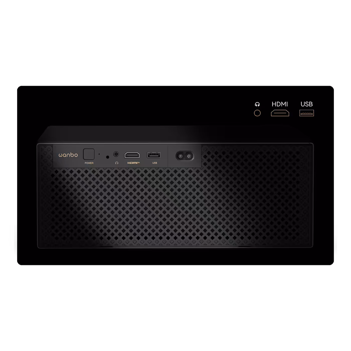 Rear of the Wanbo X7 Pro Max showing the power button, headphone jack, HDMI and USB ports