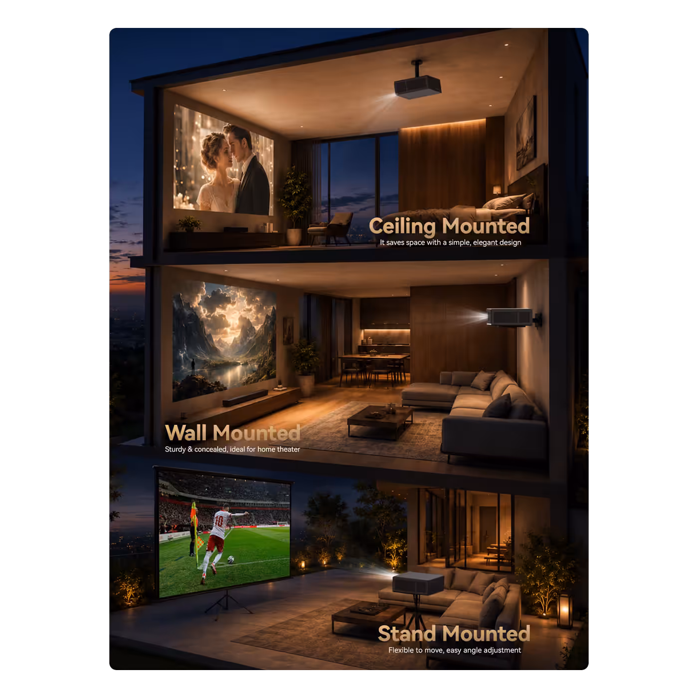 Wanbo X7 Pro Max ceiling mounted, wall mounted and stand mounted in three rooms