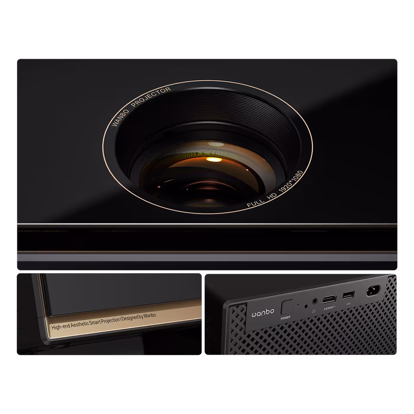 Close-up of the Wanbo X7 Pro Max lens and gold trim