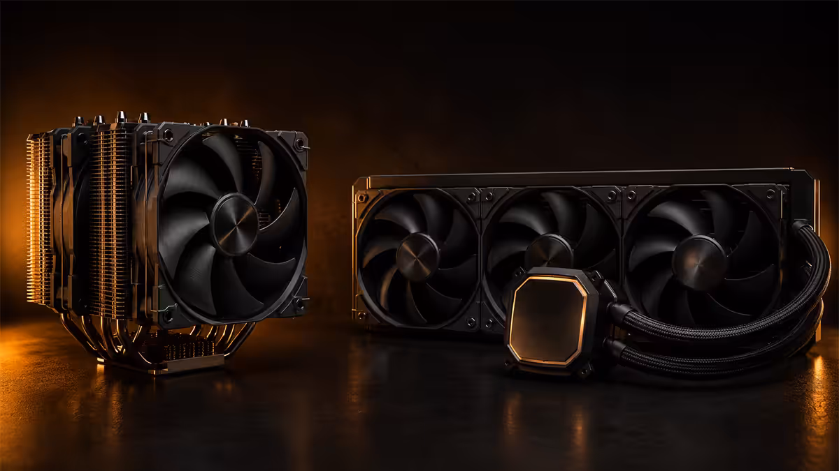 Tower air cooler beside a 360mm AIO liquid cooler